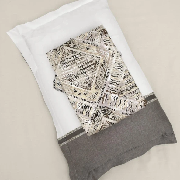 BASKILI SATEN ÇİFT KİŞİLİK NEVRESİM TAKIMI LORD BEJ - Resim 4