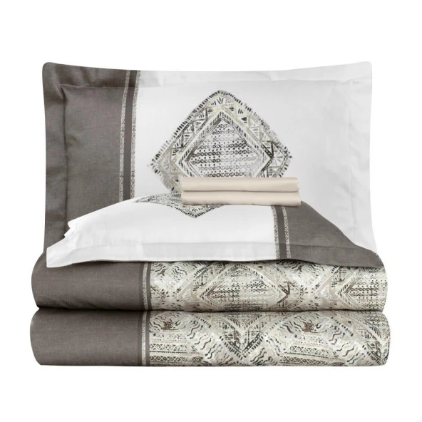 BASKILI SATEN ÇİFT KİŞİLİK NEVRESİM TAKIMI LORD BEJ - Resim 5