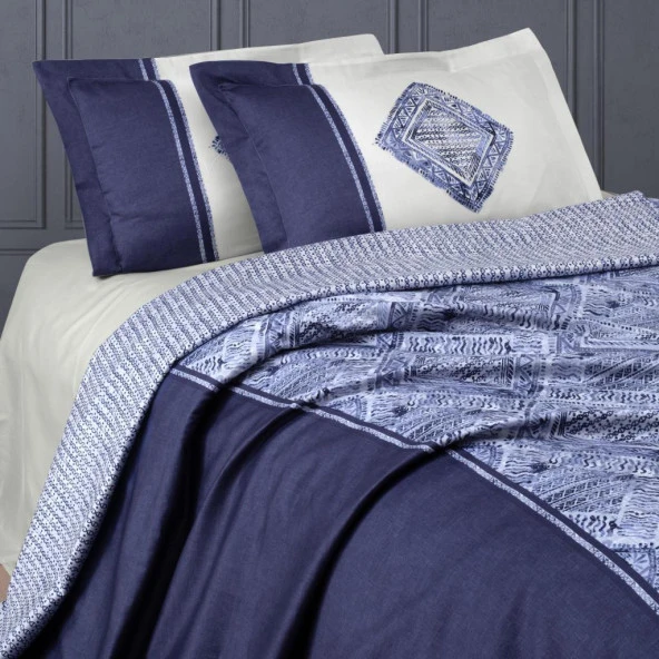 BASKILI SATEN ÇİFT KİŞİLİK NEVRESİM TAKIMI LORD MAVİ - Resim 2