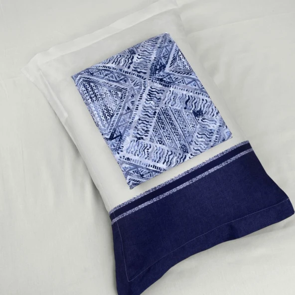 BASKILI SATEN ÇİFT KİŞİLİK NEVRESİM TAKIMI LORD MAVİ - Resim 4