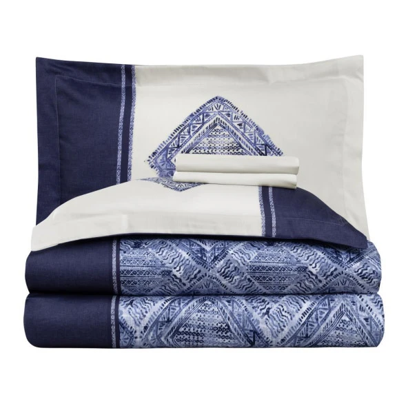 BASKILI SATEN ÇİFT KİŞİLİK NEVRESİM TAKIMI LORD MAVİ - Resim 5