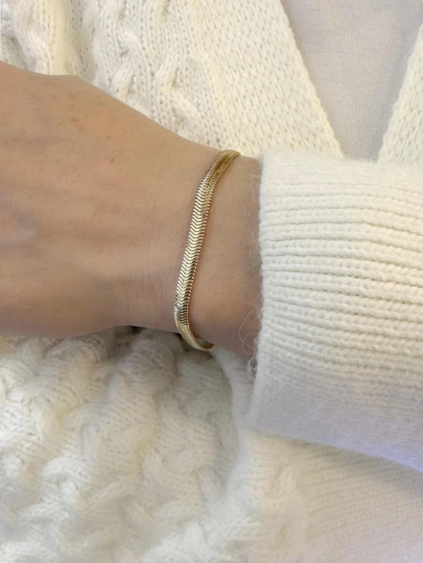 Balık Sırtı Ezme İtalyan 5 mm 14 Ayar Altın Bileklik - Resim 3