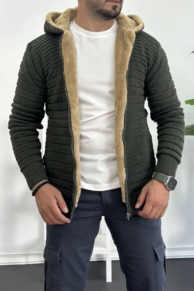 Erkek İçi Kürklü Kapüşonlu Fermuarlı Triko Hırka Yeşil T743 - 2