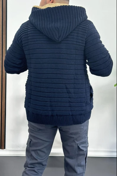 Erkek İçi Kürklü Kapüşonlu Fermuarlı Triko Hırka Lacivert T743 - 4