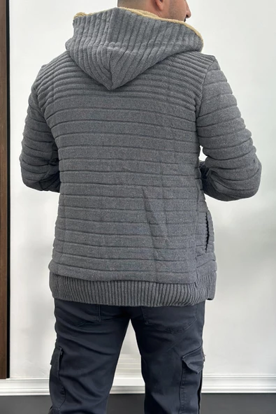 Erkek İçi Kürklü Kapüşonlu Fermuarlı Triko Hırka Gri T743 - 4