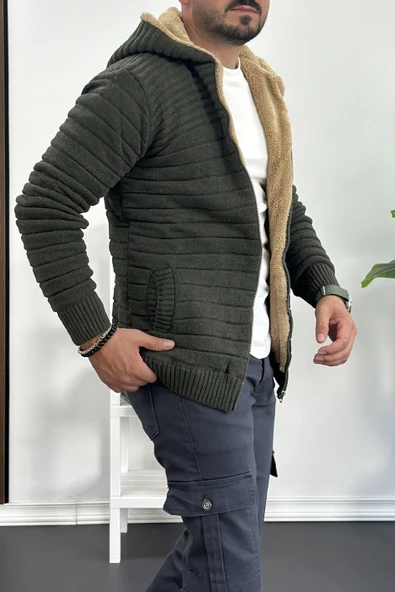 Erkek İçi Kürklü Kapüşonlu Fermuarlı Triko Hırka Yeşil T743 - 3