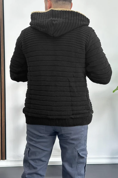 Erkek İçi Kürklü Kapüşonlu Fermuarlı Triko Hırka Siyah T743 - 4