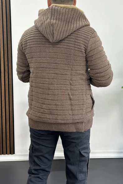 Erkek İçi Kürklü Kapüşonlu Fermuarlı Triko Hırka Kahverengi T743 - 4