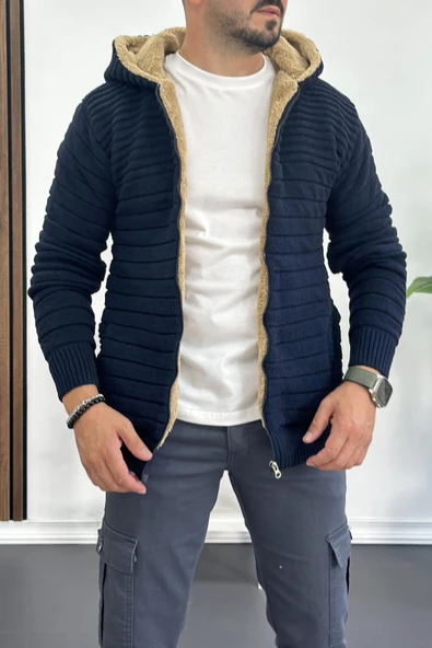 Erkek İçi Kürklü Kapüşonlu Fermuarlı Triko Hırka Lacivert T743 - 2