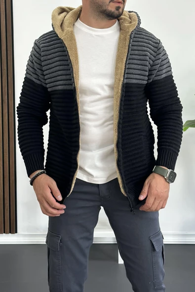 Erkek İçi Kürklü Kapüşonlu Fermuarlı Çift Renk Triko Hırka Siyah T741 - 2