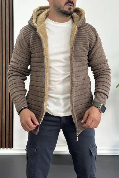 Erkek İçi Kürklü Kapüşonlu Fermuarlı Triko Hırka Kahverengi T743 - 3