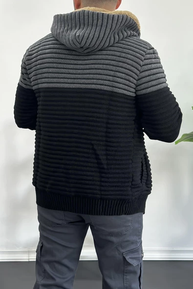 Erkek İçi Kürklü Kapüşonlu Fermuarlı Çift Renk Triko Hırka Siyah T741 - 4