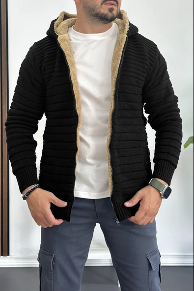 Erkek İçi Kürklü Kapüşonlu Fermuarlı Triko Hırka Siyah T743 - 2