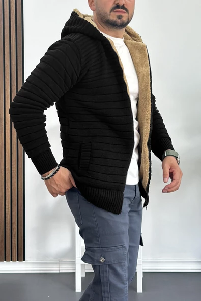 Erkek İçi Kürklü Kapüşonlu Fermuarlı Triko Hırka Siyah T743 - 3