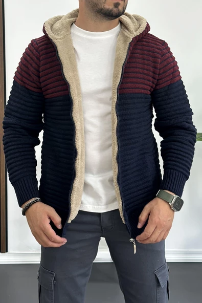 Erkek İçi Kürklü Kapüşonlu Fermuarlı Çift Renk Triko Hırka Lacivert T741 - 2