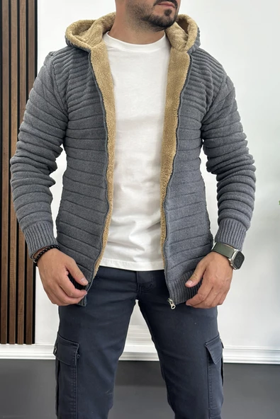 Erkek İçi Kürklü Kapüşonlu Fermuarlı Triko Hırka Gri T743 - 2