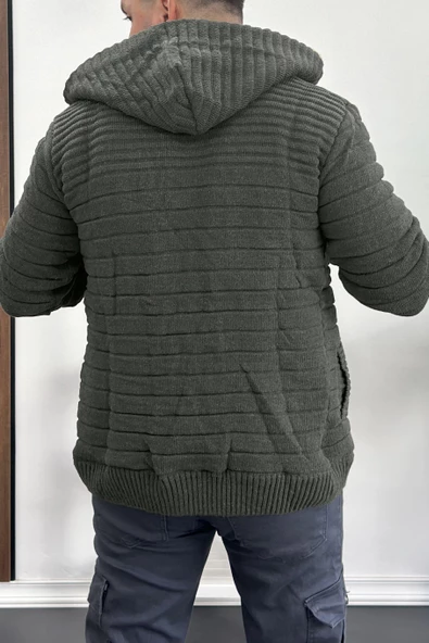 Erkek İçi Kürklü Kapüşonlu Fermuarlı Triko Hırka Yeşil T743 - 4