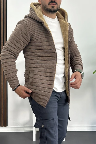 Erkek İçi Kürklü Kapüşonlu Fermuarlı Triko Hırka Kahverengi T743 - 2