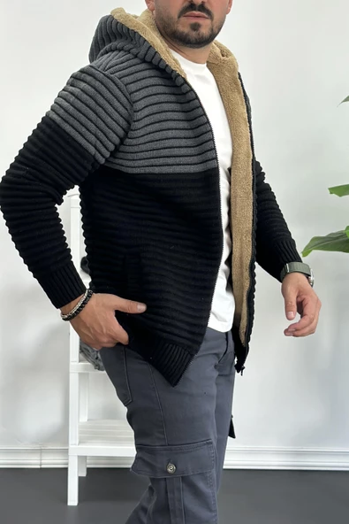 Erkek İçi Kürklü Kapüşonlu Fermuarlı Çift Renk Triko Hırka Siyah T741 - 3