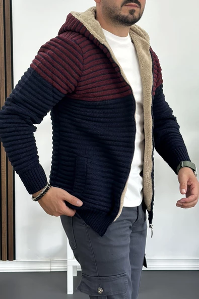 Erkek İçi Kürklü Kapüşonlu Fermuarlı Çift Renk Triko Hırka Lacivert T741 - 3