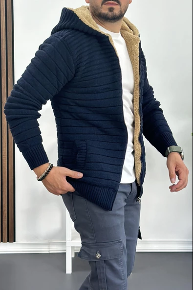 Erkek İçi Kürklü Kapüşonlu Fermuarlı Triko Hırka Lacivert T743 - 3