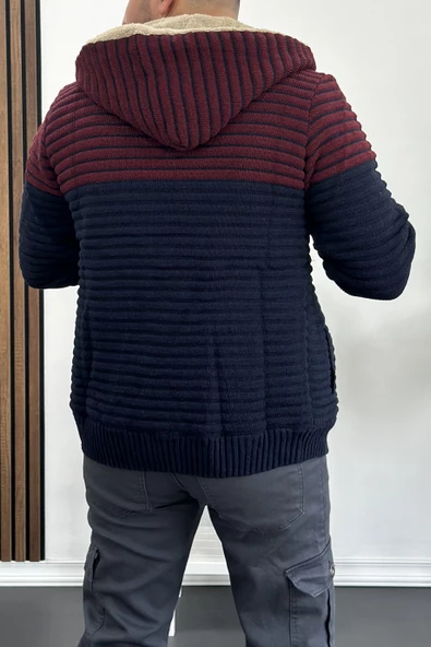 Erkek İçi Kürklü Kapüşonlu Fermuarlı Çift Renk Triko Hırka Lacivert T741 - 4