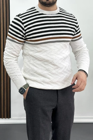 Erkek Çizgili Bisiklet Yaka Slim Fit Triko Kazak Beyaz Edw019 - 2