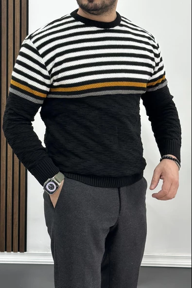 Erkek Çizgili Bisiklet Yaka Slim Fit Triko Kazak Siyah Edw019 - 2