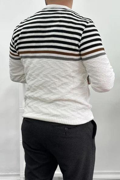 Erkek Çizgili Bisiklet Yaka Slim Fit Triko Kazak Beyaz Edw019 - 3