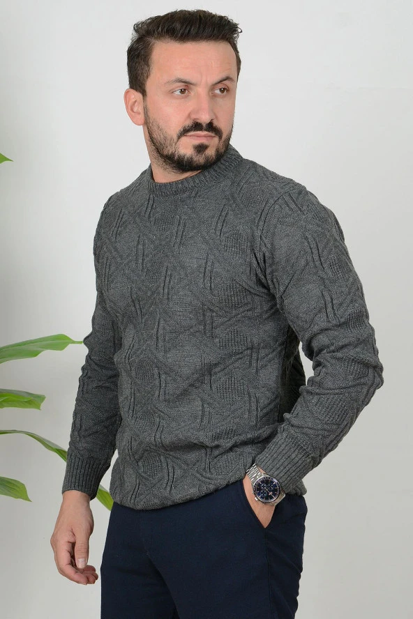 Erkek Desenli Bisiklet Yaka Slim Fit Triko Kazak Antrasit Edw018 - 2