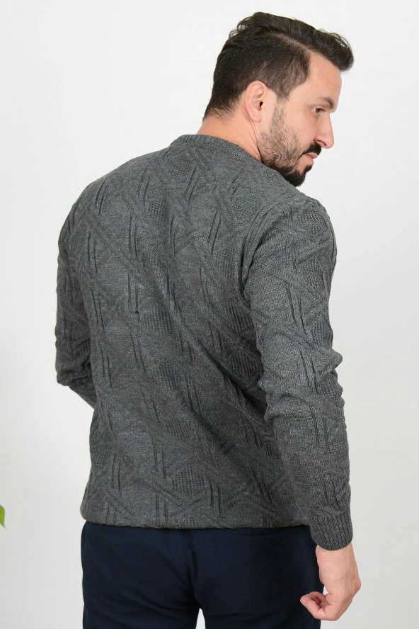 Erkek Desenli Bisiklet Yaka Slim Fit Triko Kazak Antrasit Edw018 - 3