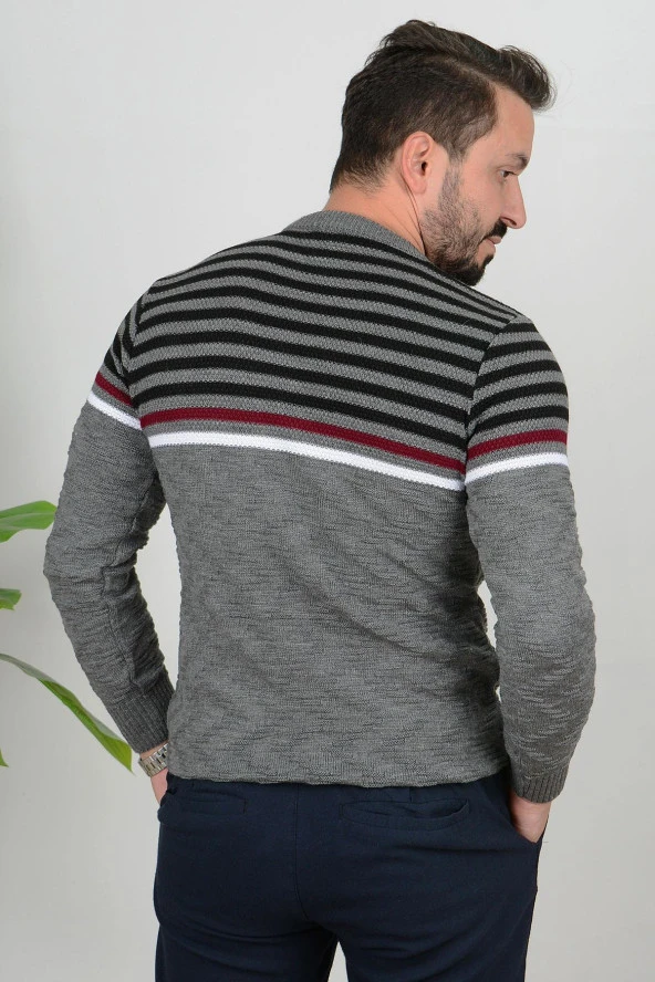 Erkek Çizgili Bisiklet Yaka Slim Fit Triko Kazak Gri Edw019 - 3