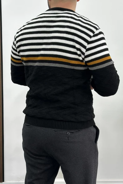 Erkek Çizgili Bisiklet Yaka Slim Fit Triko Kazak Siyah Edw019 - 3