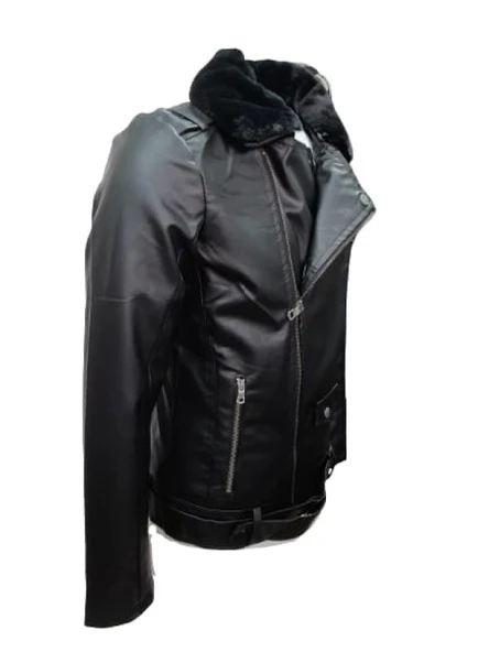 Delpino D2109 Erkek Deri Çapraz Fermuar Kemerli Yakası Kürklü Ceket - 3