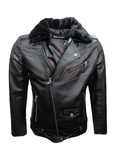 Delpino D2109 Erkek Deri Çapraz Fermuar Kemerli Yakası Kürklü Ceket - 2