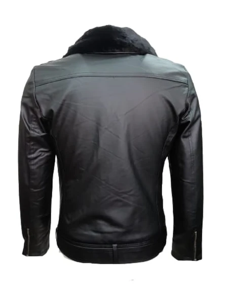 Delpino D2109 Erkek Deri Çapraz Fermuar Kemerli Yakası Kürklü Ceket - 4