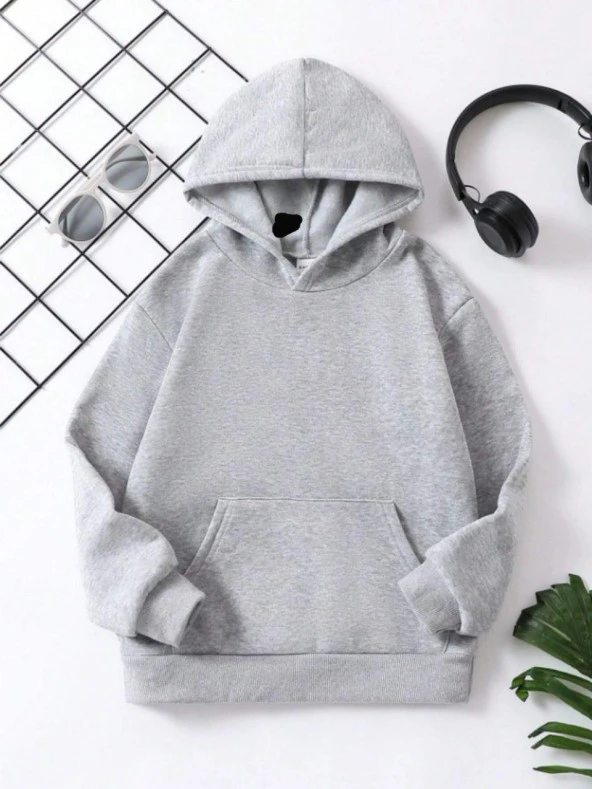 Çocuk Unisex Kapüşonlu Düz Renk Pamuklu Sweatshirt - Gri