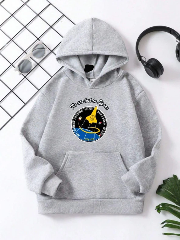 Çocuk Unisex Kapüşonlu Space Baskılı Pamuklu Sweatshirt - Gri