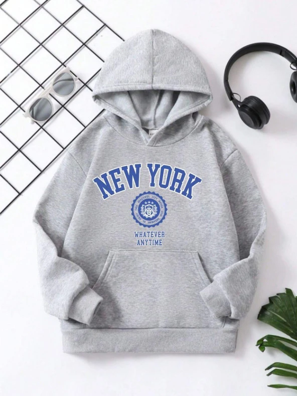 Çocuk Unisex Kapüşonlu Mavi New York Baskılı Pamuklu Sweatshirt - Gri