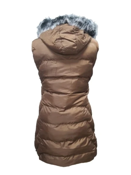 Ay Bilge A1006 Kadın Kapüşonlu Kürklü Kısa Şişme Yelek - Resim 2