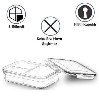3 Bölmeli Kilitli Kapaklı 1 Litre Erzak Saklama Kabı LC-510 - 3