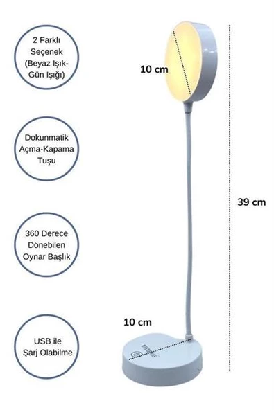 Yuvarlak USBli Dokunmatik 3 Kademeli 360 Derece  Özel Göz Korumalı Led Lityum Masa Lambası