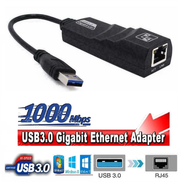 USB 3.0 To ETHERNET 1000 Mbps Gigabit İnternet Ag Adaptörü ADSL  ÇEVİRİCİ LAPTOP PC BİLGİSAYAR NETWORK - 4939 - Resim 8