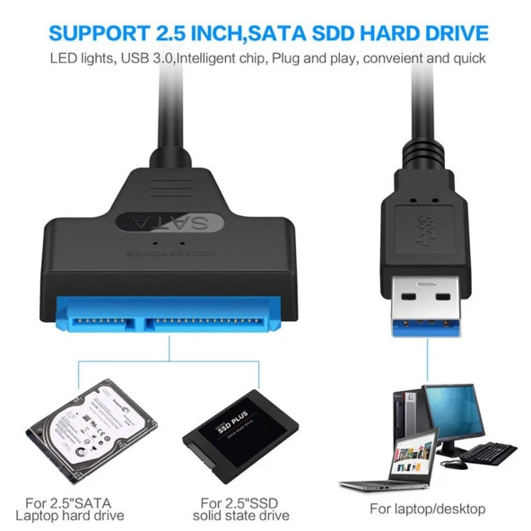 Ancheyn Usb 3.0 Yüksek Hızlı 2.5 İnç SATA SSD ve HDD Harddisk Kablosu 15 + 7 Pin 4469 - Resim 7