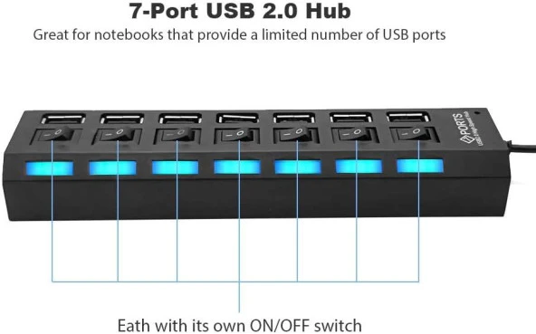 Ancheyn 7 Port USB Çoklayıcı Çoğaltıcı Işıklı Hub USB 2.0 Switch Splitter 4874 - 2