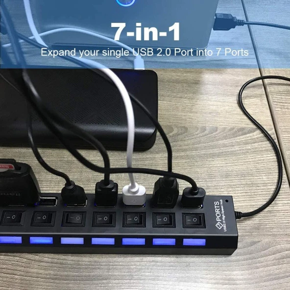 Ancheyn 7 Port USB Çoklayıcı Çoğaltıcı Işıklı Hub USB 2.0 Switch Splitter 4874 - 3
