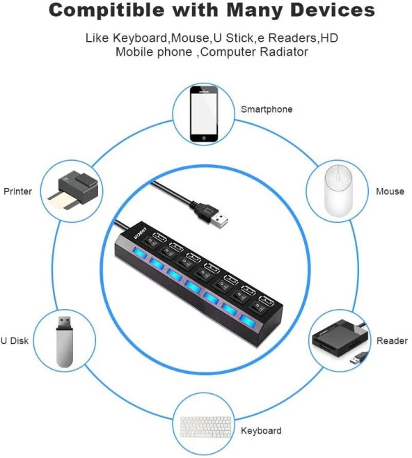 Ancheyn 7 Port USB Çoklayıcı Çoğaltıcı Işıklı Hub USB 2.0 Switch Splitter 4874 - 5