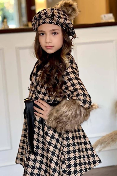 Kız Çocuk Deri Etekli ve Kolları Peluş Kare Desenli Bej Kaban - Resim 6