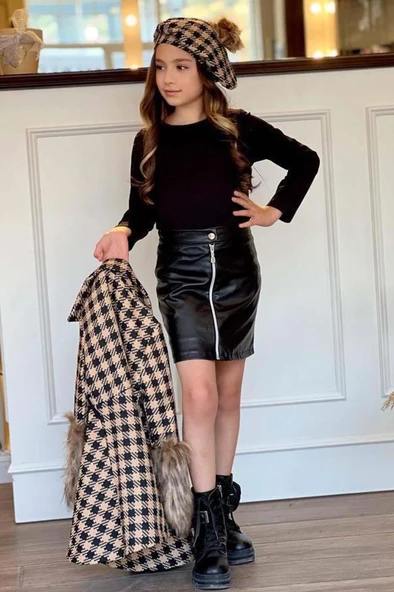 Kız Çocuk Deri Etekli ve Kolları Peluş Kare Desenli Bej Kaban - Resim 3