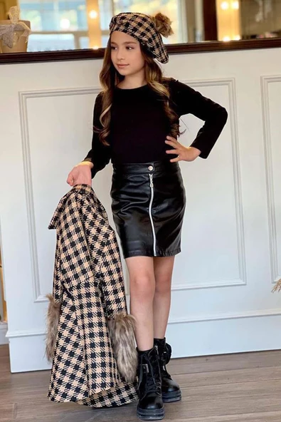 Kız Çocuk Deri Etekli ve Kolları Peluş Kare Desenli Bej Kaban - Resim 5